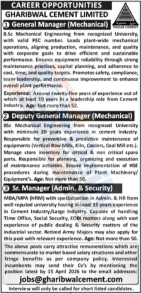 Gharibwal Cement Limited Jobs in Rawalpindi 2026 Apply