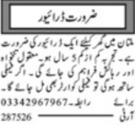House Driver Jobs In Multan 2026 Apply Online