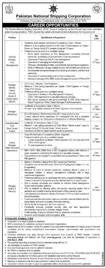Pakistan National Shipping Corporation Jobs in Karachi 2026 Apply Online