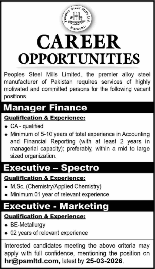 Peoples Steel Mills Limited Jobs 2026 Apply Online