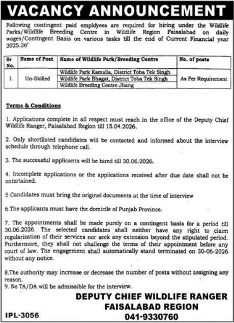 Wildlife Ranger Jobs in Faisalabad 2026 Apply now