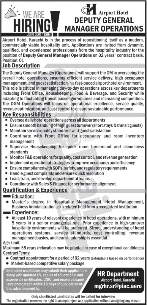 Deputy General Manager Operations Jobs 2026 In Karachi Apply
