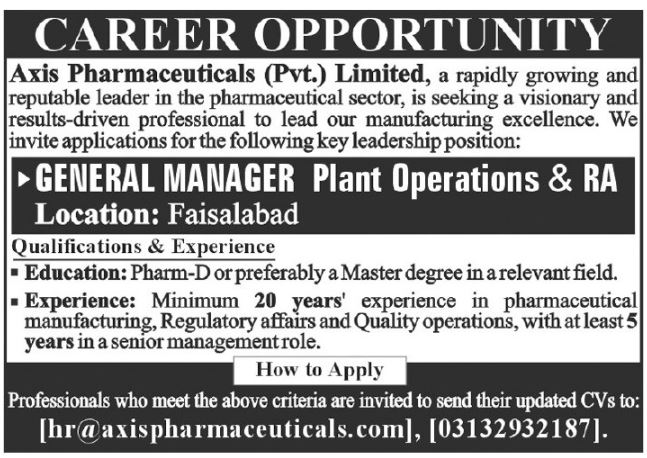 General Manager Plant Operations Jobs in Faisalabad 2026 Apply