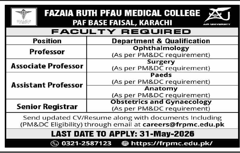 Fazaia Ruth Pfau Medical College Jobs in Karachi 2026