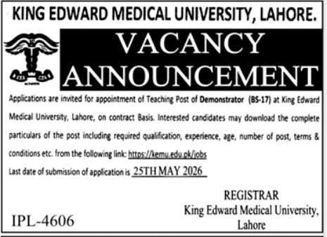 King Edward Medical University Jobs Lahore 2026