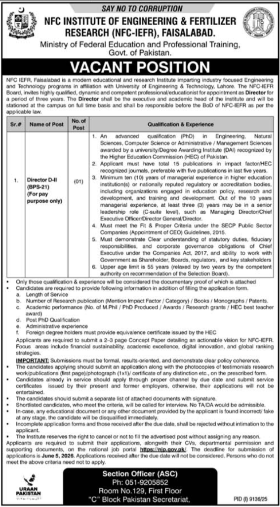 NFC Institute of Engineering and Fertilizer Research Jobs