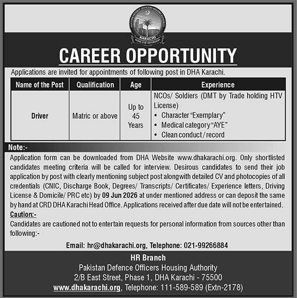 Pakistan Defence Officers Housing Authority Jobs in Karachi 2026