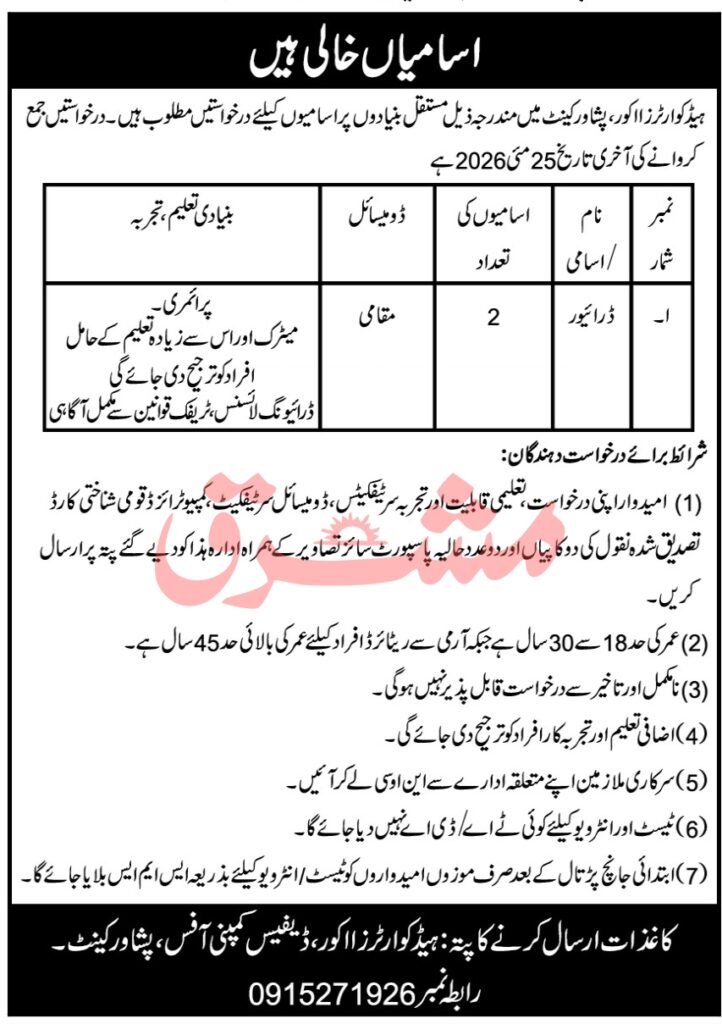 Headquarters core Peshawar Cantt Driver Jobs 2026 Apply