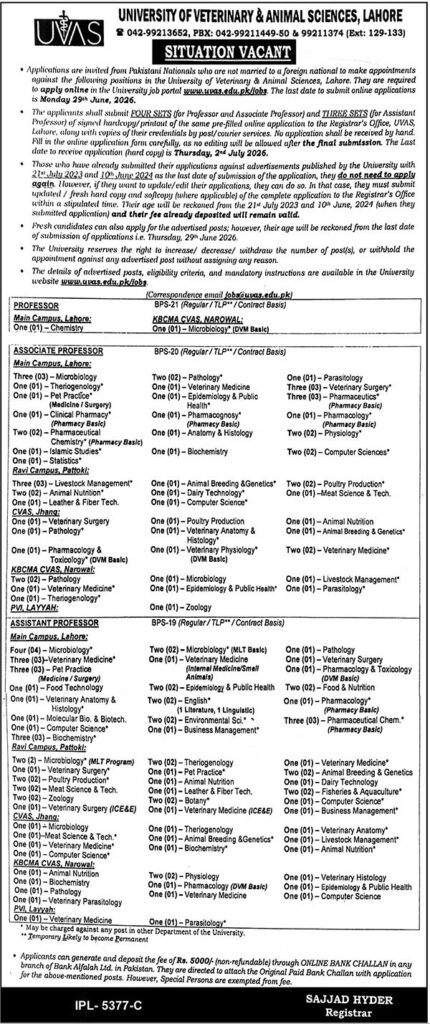 University Of Veterinary & Animal Sciences UVAS Jobs in Lahore 2026