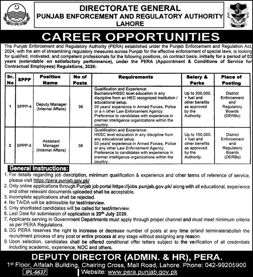Punjab Enforcement and Regulatory Authority Jobs 2026 Apply Online